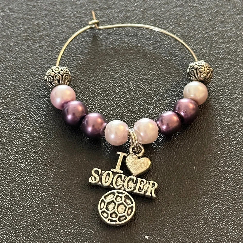 Wine glass tag, stainless steel purple/white/metal beads, Soccer charm
